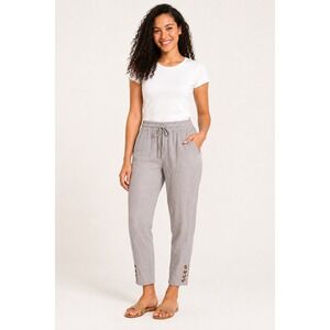 Linen Blend Drawstring Crop Pants Gray Button Hem Tapered Trousers Womens